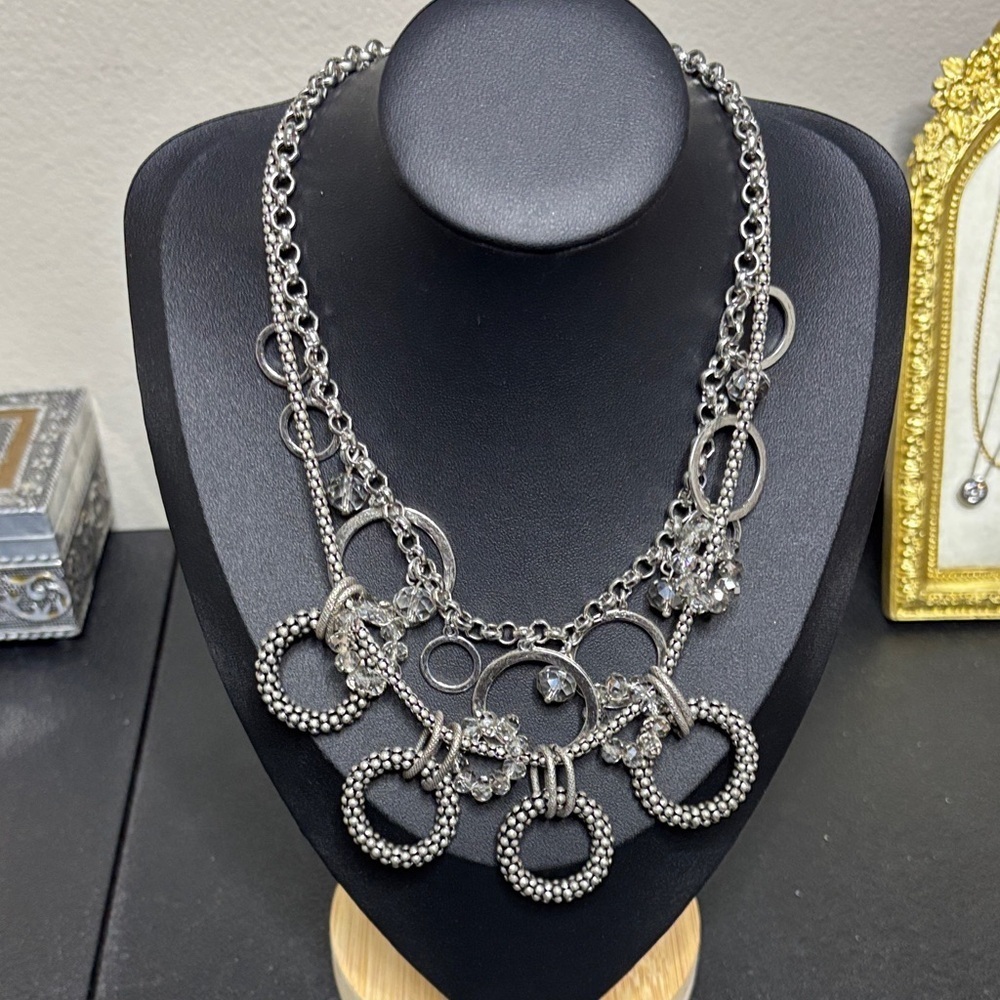 Loft Layered Drop Charm Silver Tone Necklace